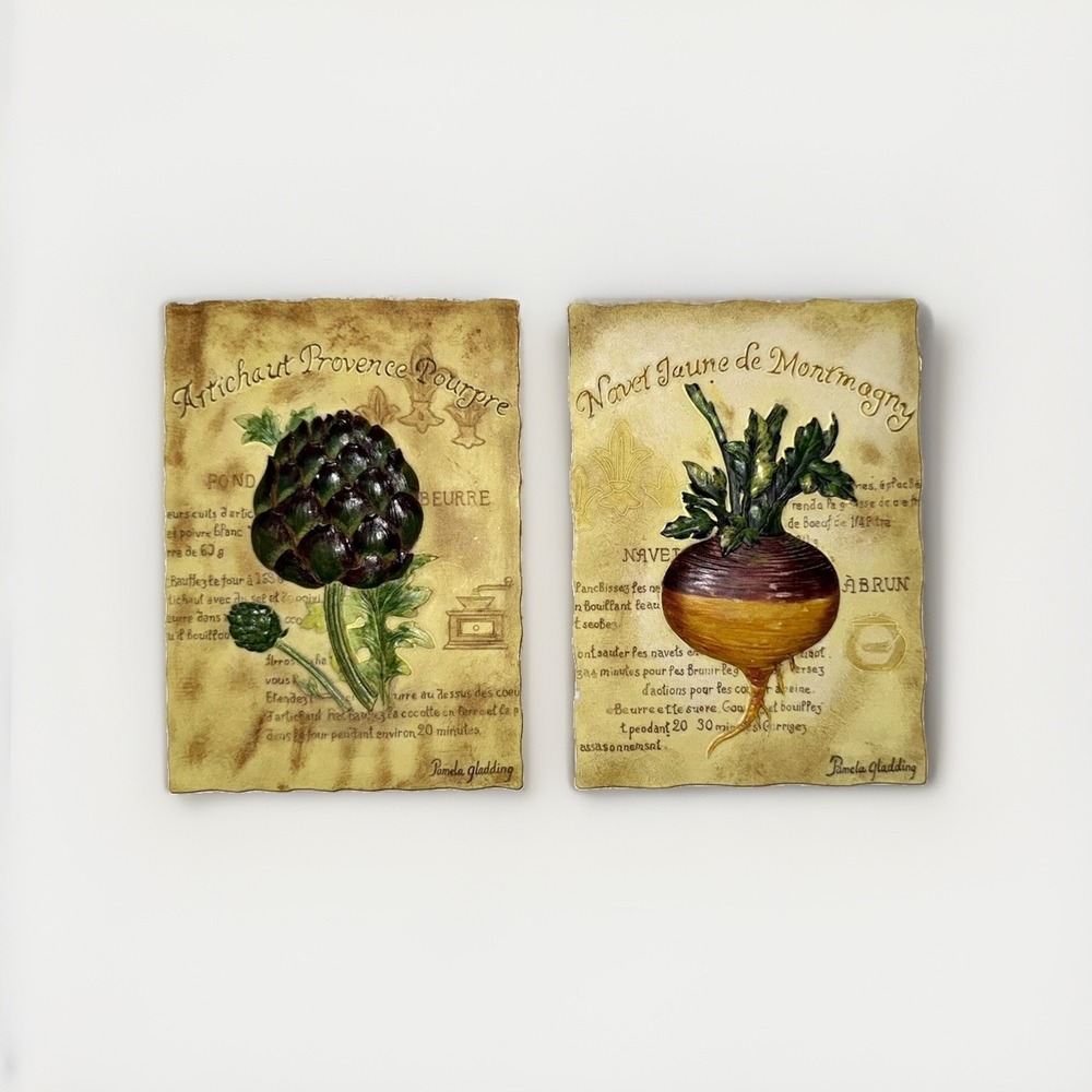 Set of 2 Pamela Gladding 3D Vegetable Wall Tiles Beige Artichoke Root Veg